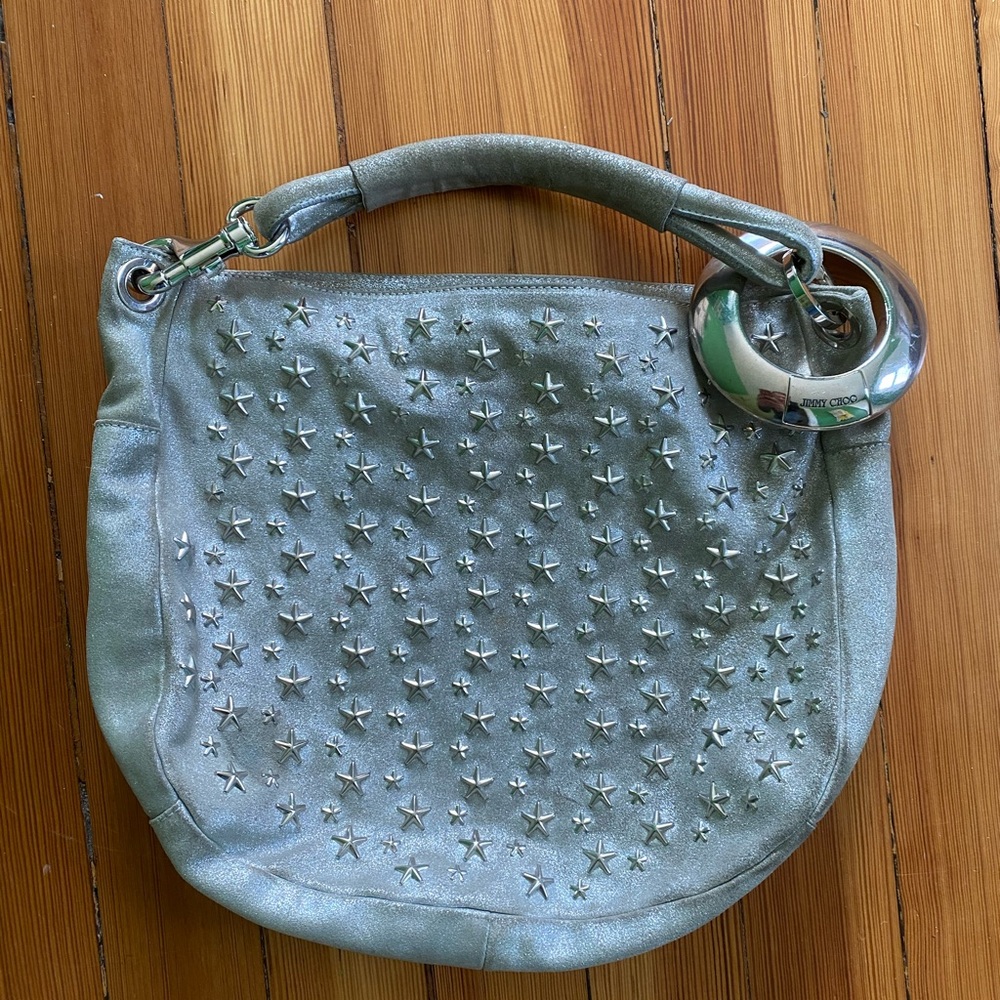 Jimmy Choo metallic silver leather star studded shoulder bag iconic